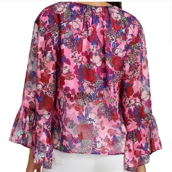 Tanya Taylor Harper Floral Bell Sleeve Top in Pink and Purple Size Small - Picture 4 of 14